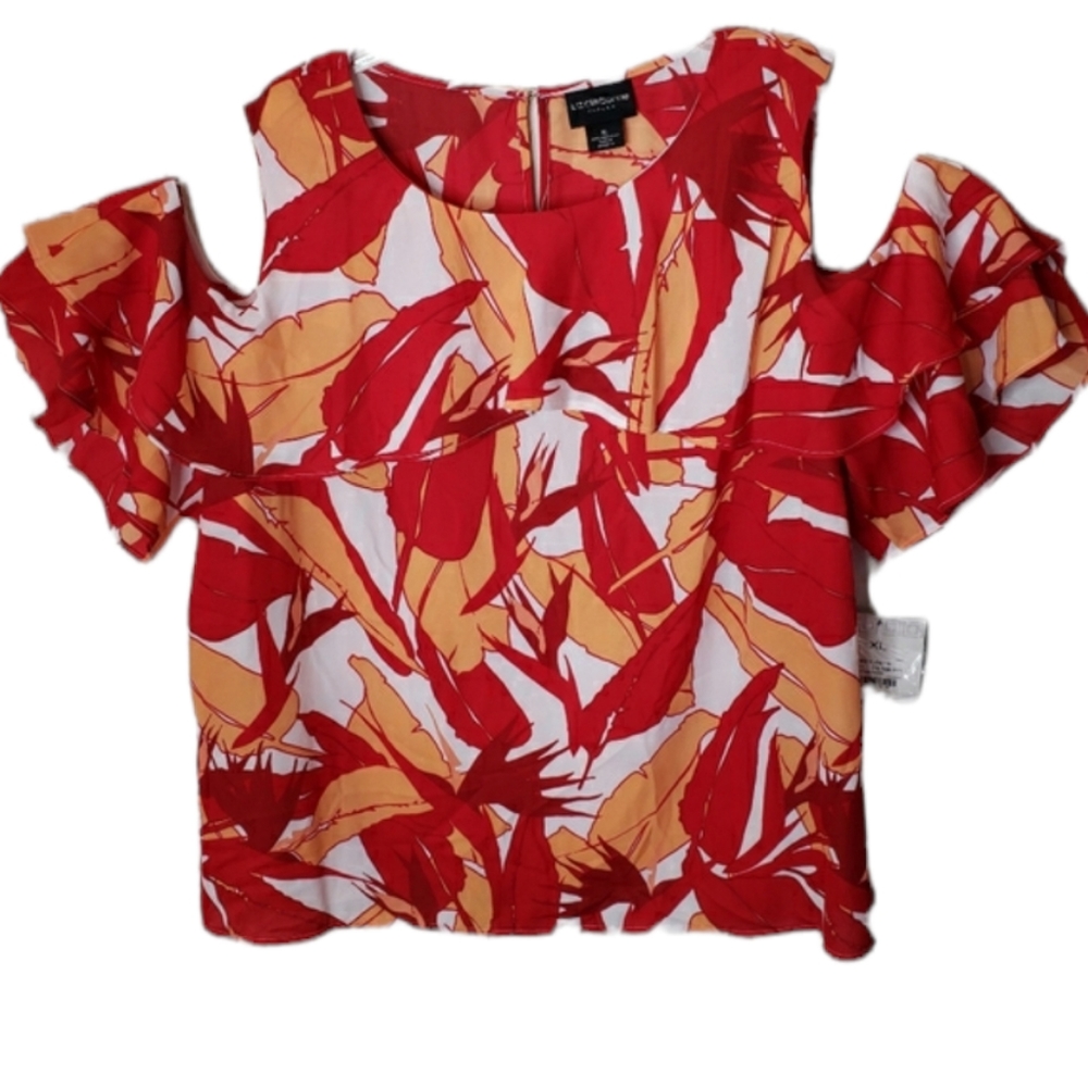 Liz Claiborne Women's Top Peep Shoulder Red White Orange Tropical Print XL NWT